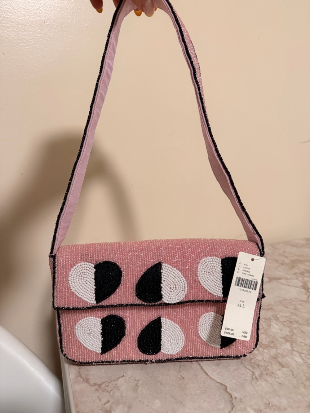 Anthropologie Beaded Pink Shoulder Bag with hearts black and white